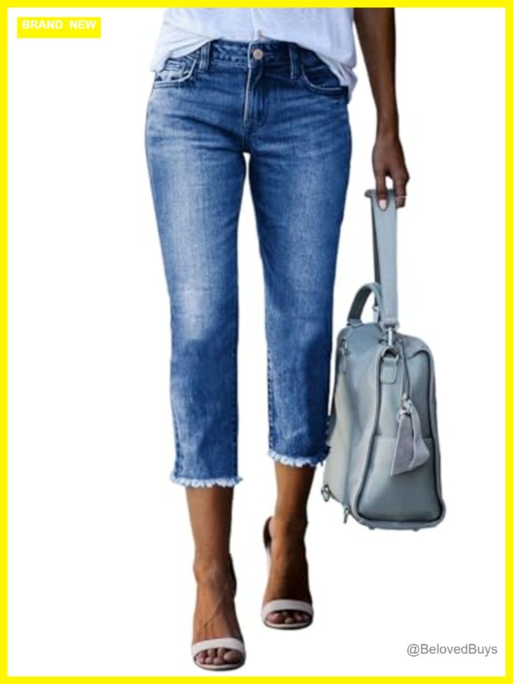 High Waisted Straight Leg Capri Jeans Raw Hem Cotton Polyester